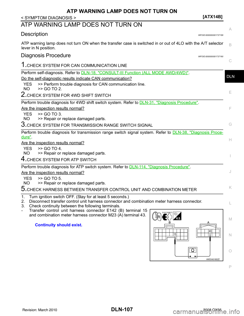 INFINITI QX56 2008  Factory Service Manual ATP WARNING LAMP DOES NOT TURN ONDLN-107
< SYMPTOM DIAGNOSIS > [ATX14B]
C
EF
G H
I
J
K L
M A
B
DLN
N
O P
ATP WARNING LAMP DOES NOT TURN ON
DescriptionINFOID:0000000001737189
ATP warning lamp does not 