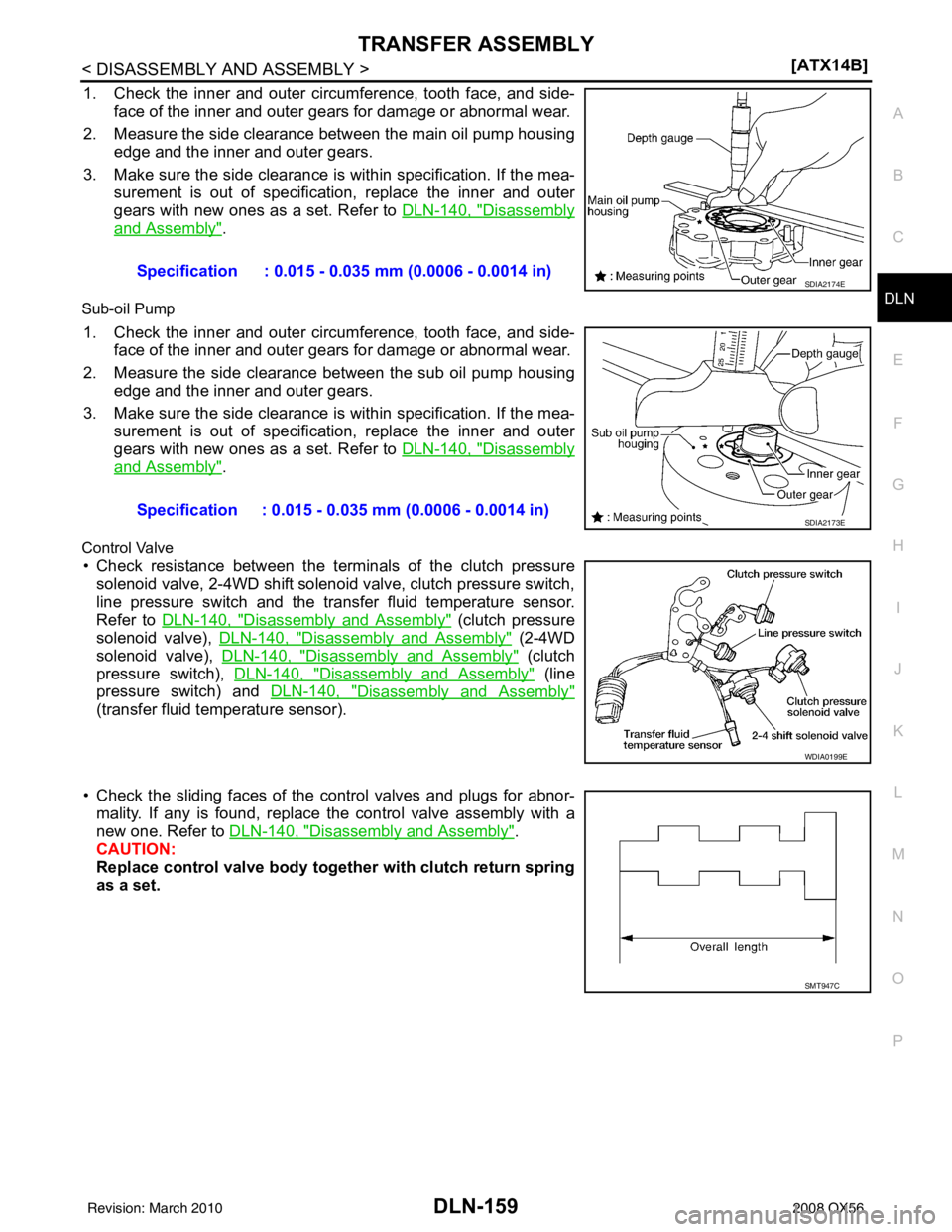 INFINITI QX56 2008  Factory Service Manual TRANSFER ASSEMBLYDLN-159
< DISASSEMBLY AND ASSEMBLY > [ATX14B]
C
EF
G H
I
J
K L
M A
B
DLN
N
O P
1. Check the inner and outer circumference, tooth face, and side- face of the inner and outer gears for 