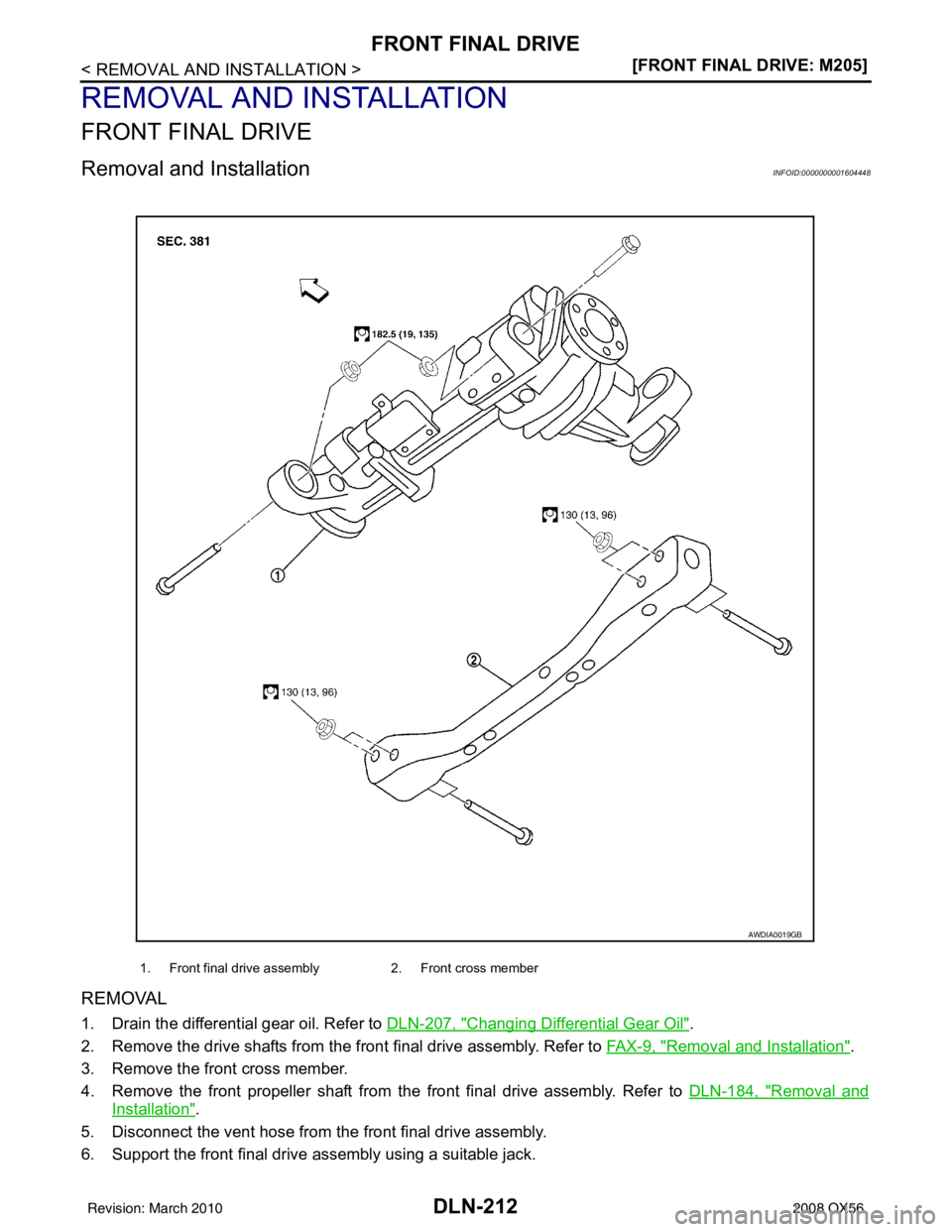 INFINITI QX56 2008  Factory Service Manual DLN-212
< REMOVAL AND INSTALLATION >[FRONT FINAL DRIVE: M205]
FRONT FINAL DRIVE
REMOVAL AND INSTALLATION
FRONT FINAL DRIVE
Removal and InstallationINFOID:0000000001604448
REMOVAL
1. Drain the differen