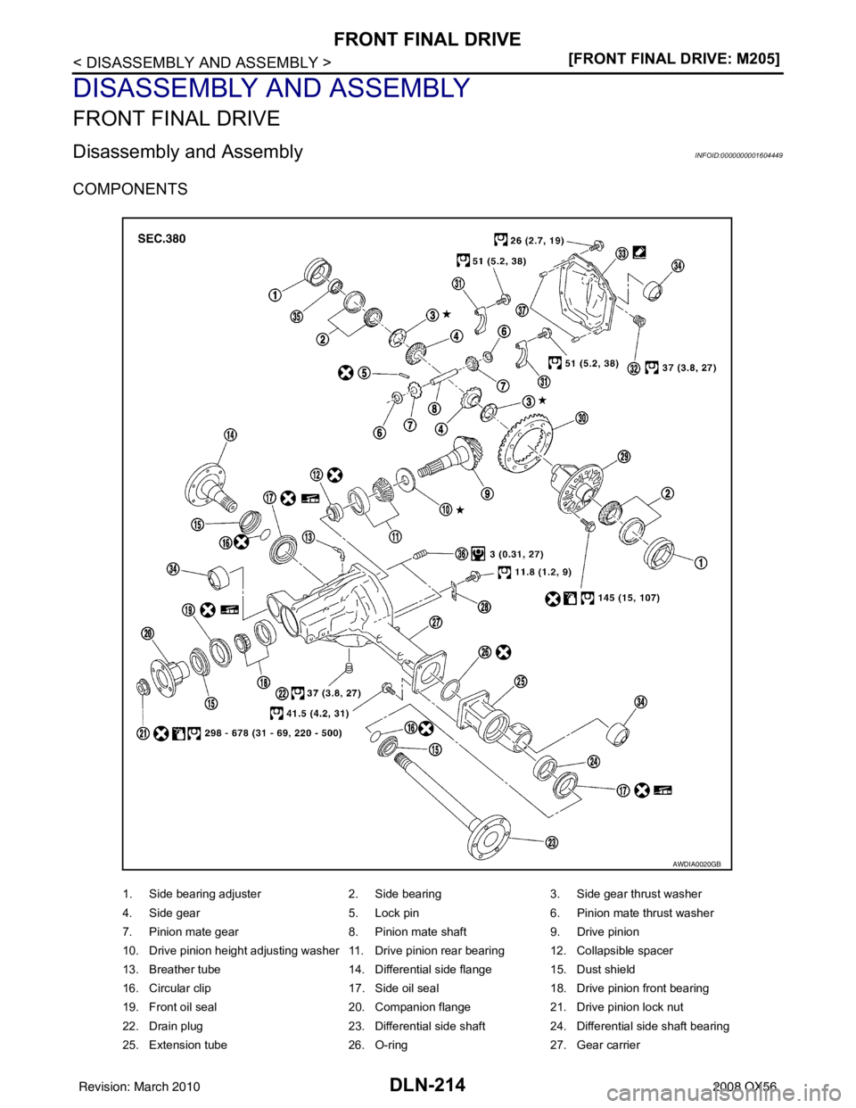 INFINITI QX56 2008  Factory Service Manual DLN-214
< DISASSEMBLY AND ASSEMBLY >[FRONT FINAL DRIVE: M205]
FRONT FINAL DRIVE
DISASSEMBLY AND ASSEMBLY
FRONT FINAL DRIVE
Disassembly and AssemblyINFOID:0000000001604449
COMPONENTS
1. Side bearing ad