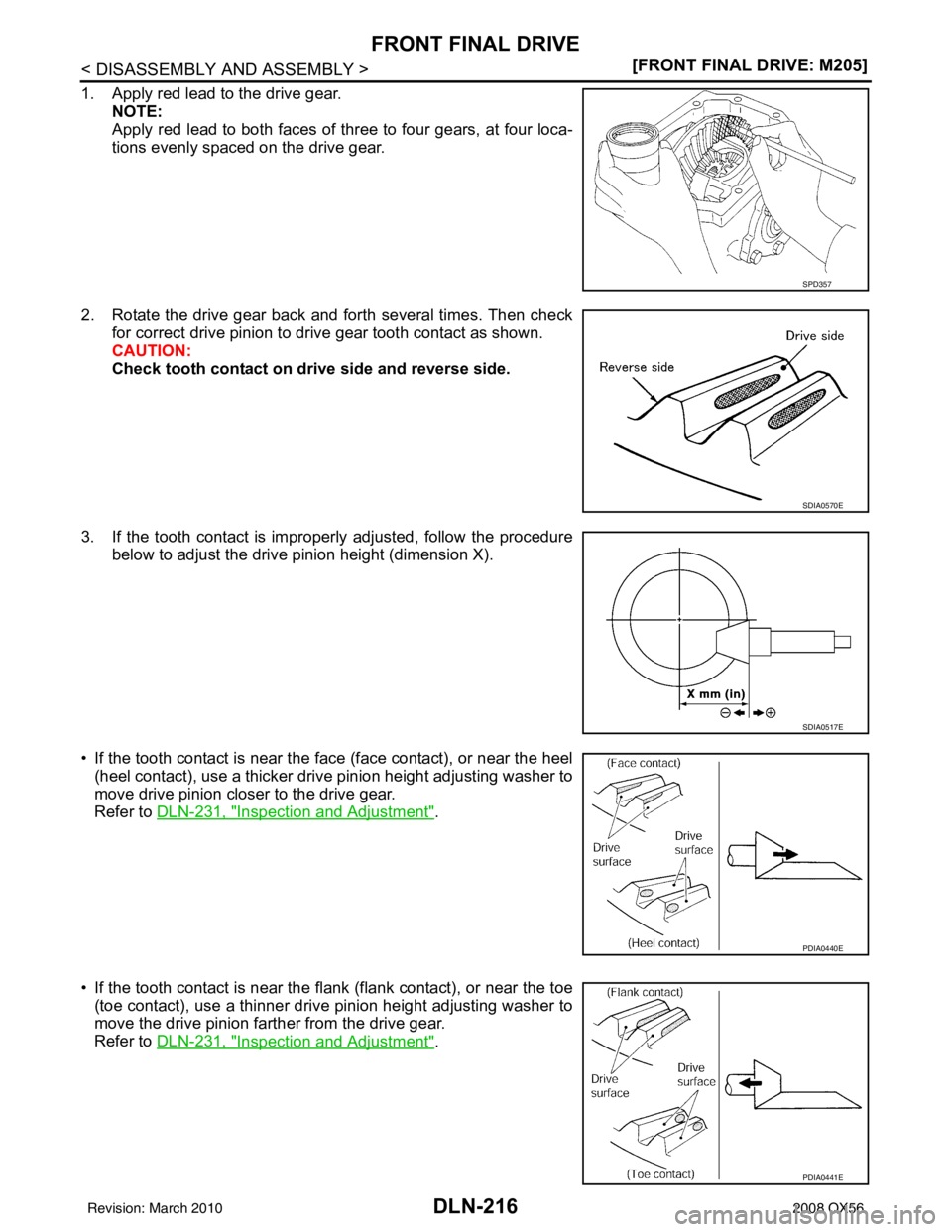 INFINITI QX56 2008  Factory Service Manual DLN-216
< DISASSEMBLY AND ASSEMBLY >[FRONT FINAL DRIVE: M205]
FRONT FINAL DRIVE
1. Apply red lead to the drive gear.
NOTE:
Apply red lead to both faces of three to four gears, at four loca-
tions even