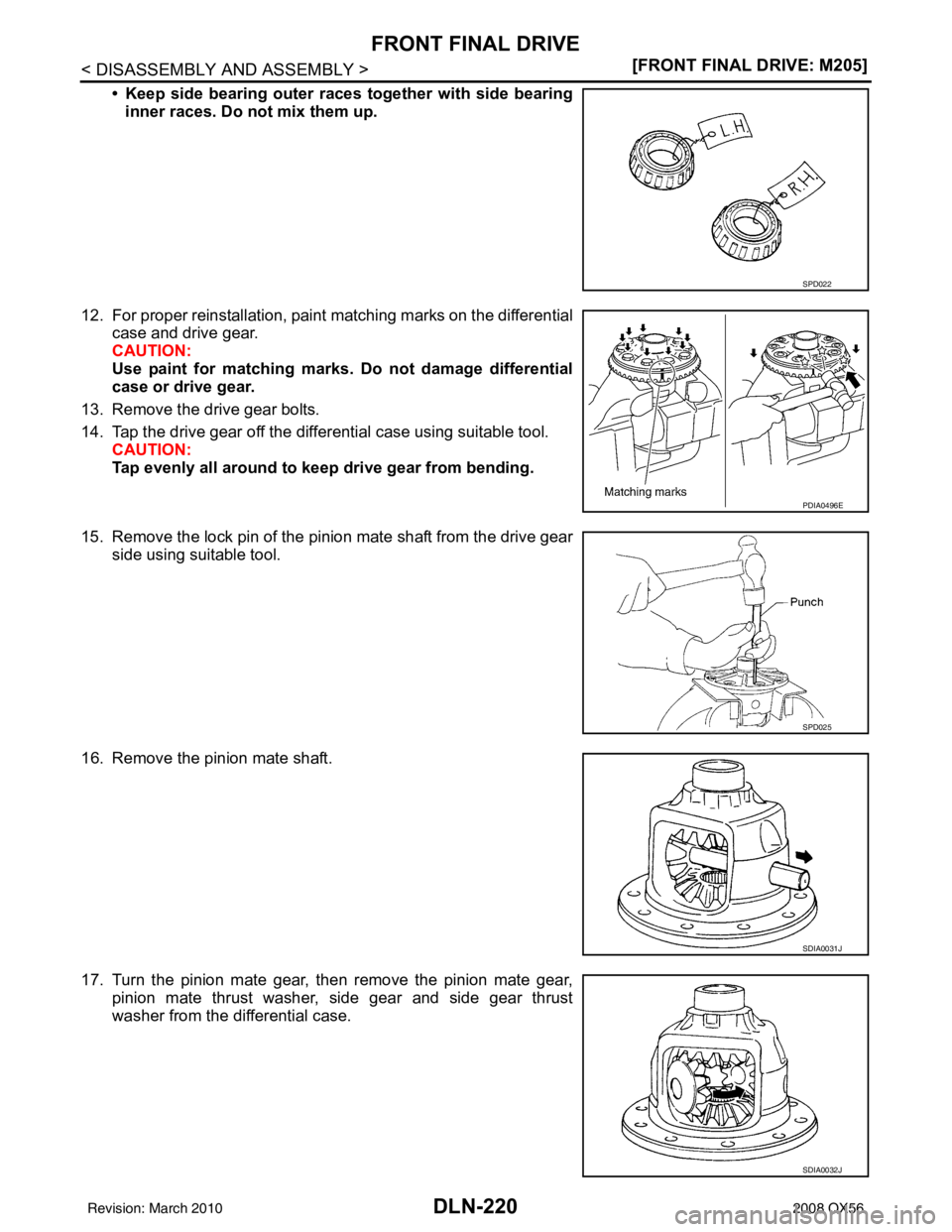 INFINITI QX56 2008  Factory Service Manual DLN-220
< DISASSEMBLY AND ASSEMBLY >[FRONT FINAL DRIVE: M205]
FRONT FINAL DRIVE
• Keep side bearing outer races together with side bearing
inner races. Do not mix them up.
12. For proper reinstallat
