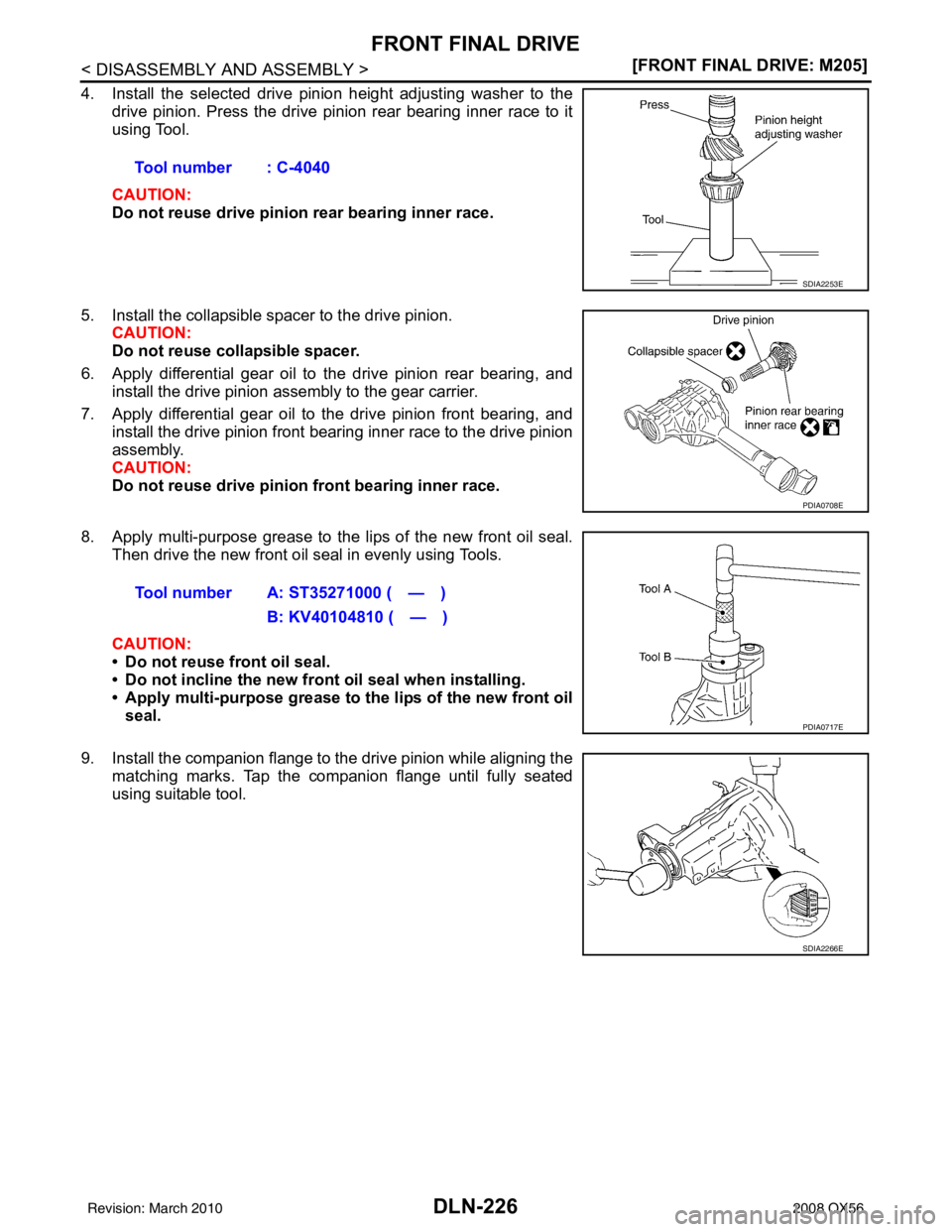 INFINITI QX56 2008  Factory Service Manual DLN-226
< DISASSEMBLY AND ASSEMBLY >[FRONT FINAL DRIVE: M205]
FRONT FINAL DRIVE
4. Install the selected drive pinion height adjusting washer to the
drive pinion. Press the drive pinion rear bearing in