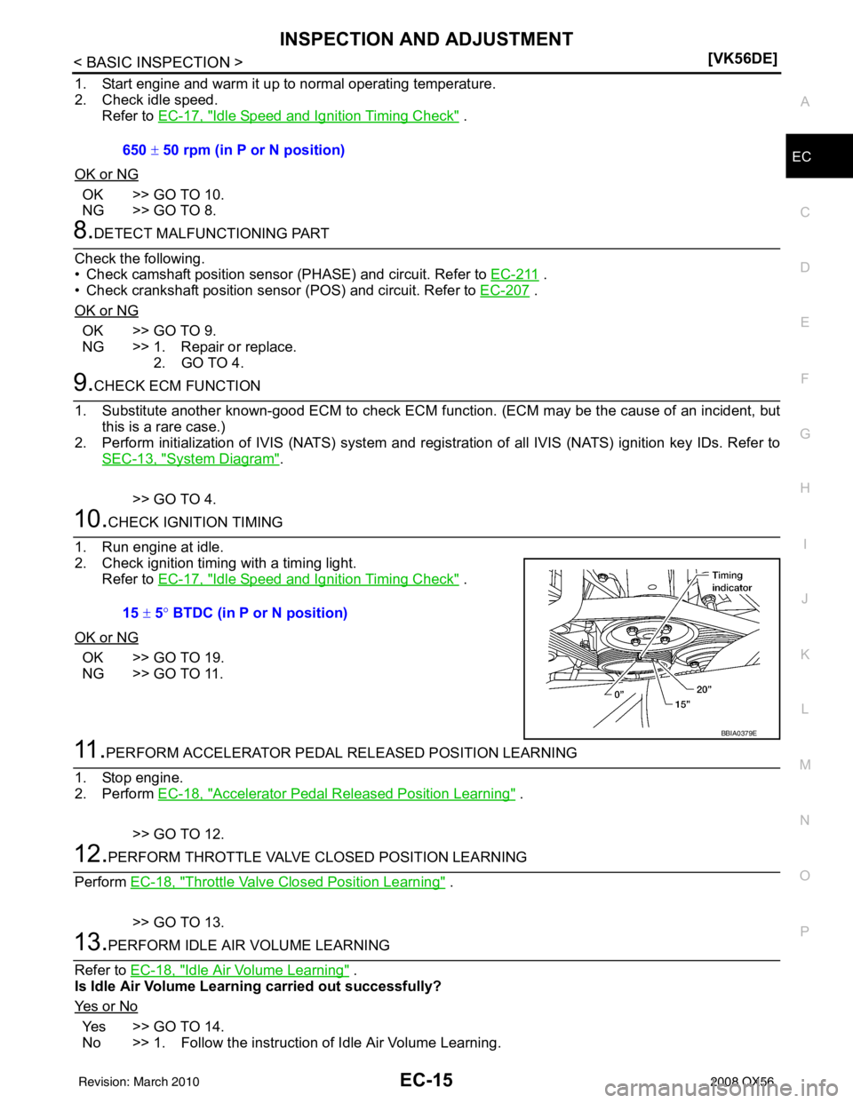 INFINITI QX56 2008  Factory Service Manual INSPECTION AND ADJUSTMENTEC-15
< BASIC INSPECTION > [VK56DE]
C
D
E
F
G H
I
J
K L
M A
EC
NP
O
1. Start engine and warm it up to normal operating temperature.
2. Check idle speed.
Refer to  EC-17, "
Idl