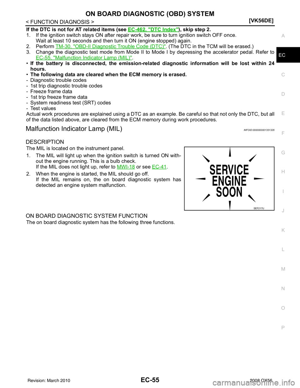 INFINITI QX56 2008  Factory Service Manual ON BOARD DIAGNOSTIC (OBD) SYSTEMEC-55
< FUNCTION DIAGNOSIS > [VK56DE]
C
D
E
F
G H
I
J
K L
M A
EC
NP
O
If the DTC is not for AT related items (see 
EC-462, "DTC Index"), skip step 2.
1. If the ignition