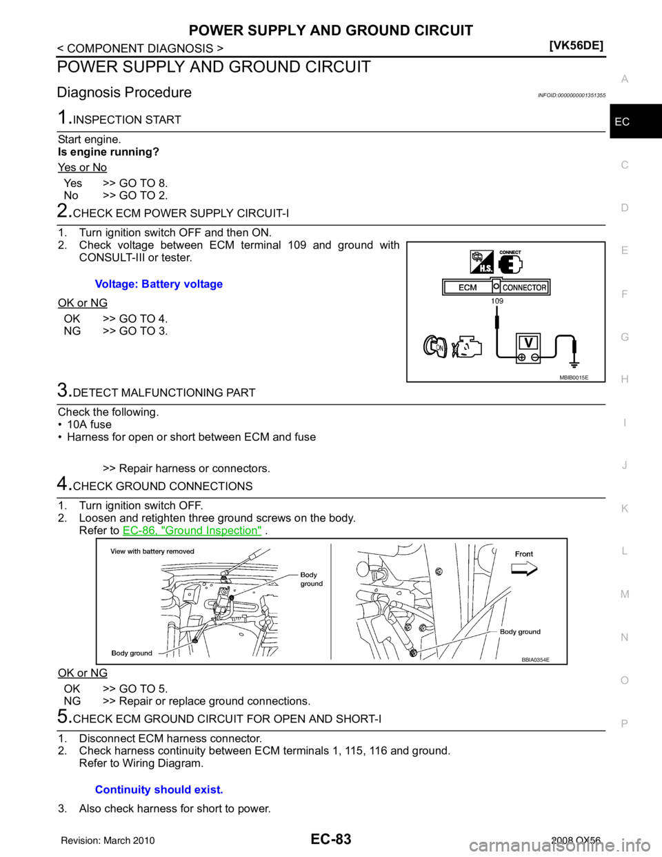INFINITI QX56 2008  Factory Service Manual POWER SUPPLY AND GROUND CIRCUITEC-83
< COMPONENT DIAGNOSIS > [VK56DE]
C
D
E
F
G H
I
J
K L
M A
EC
NP
O
POWER SUPPLY AND GROUND CIRCUIT
Diagnosis ProcedureINFOID:0000000001351355
1.INSPECTION START
Star