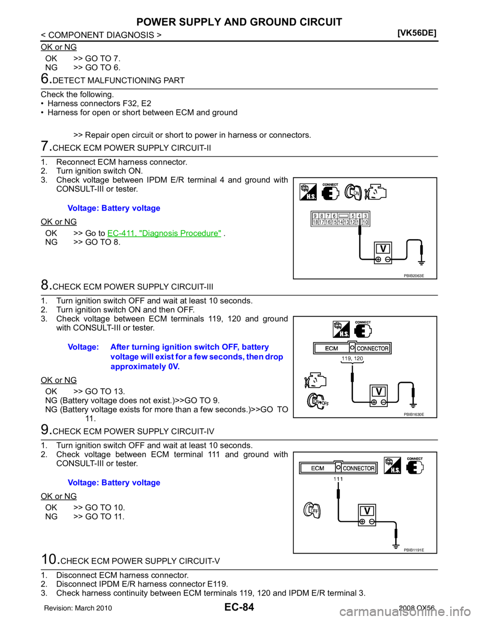 INFINITI QX56 2008  Factory Service Manual EC-84
< COMPONENT DIAGNOSIS >[VK56DE]
POWER SUPPLY AND GROUND CIRCUIT
OK or NG
OK >> GO TO 7.
NG >> GO TO 6.
6.DETECT MALFUNCTIONING PART
Check the following.
• Harness connectors F32, E2
• Harnes