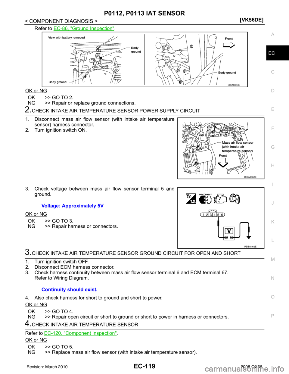 INFINITI QX56 2008  Factory Service Manual P0112, P0113 IAT SENSOREC-119
< COMPONENT DIAGNOSIS > [VK56DE]
C
D
E
F
G H
I
J
K L
M A
EC
NP
O
Refer to 
EC-86, "Ground Inspection".
OK or NG
OK >> GO TO 2.
NG >> Repair or replace ground connections.
