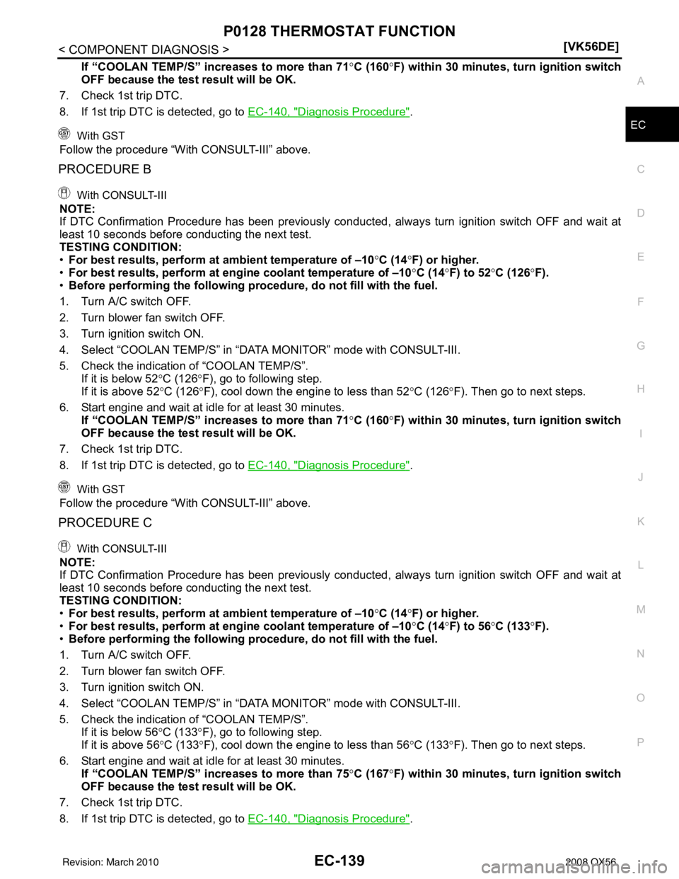 INFINITI QX56 2008  Factory Service Manual P0128 THERMOSTAT FUNCTIONEC-139
< COMPONENT DIAGNOSIS > [VK56DE]
C
D
E
F
G H
I
J
K L
M A
EC
NP
O
If “COOLAN TEMP/S” increases to more than 71°
C (160°F) within 30 minutes, turn ignition switch
O