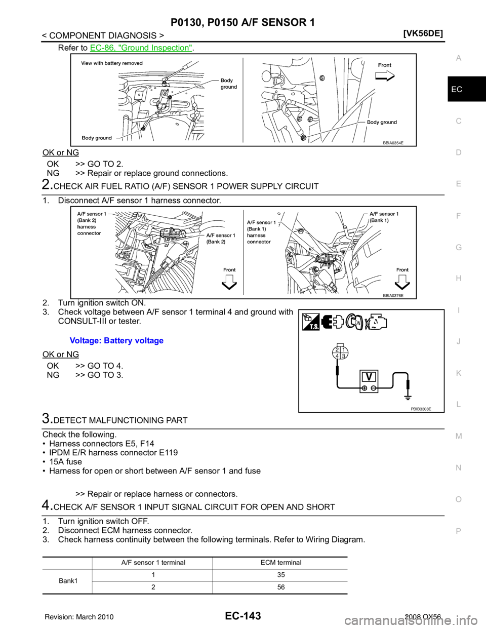INFINITI QX56 2008  Factory Service Manual P0130, P0150 A/F SENSOR 1EC-143
< COMPONENT DIAGNOSIS > [VK56DE]
C
D
E
F
G H
I
J
K L
M A
EC
NP
O
Refer to 
EC-86, "Ground Inspection".
OK or NG
OK >> GO TO 2.
NG >> Repair or replace ground connection