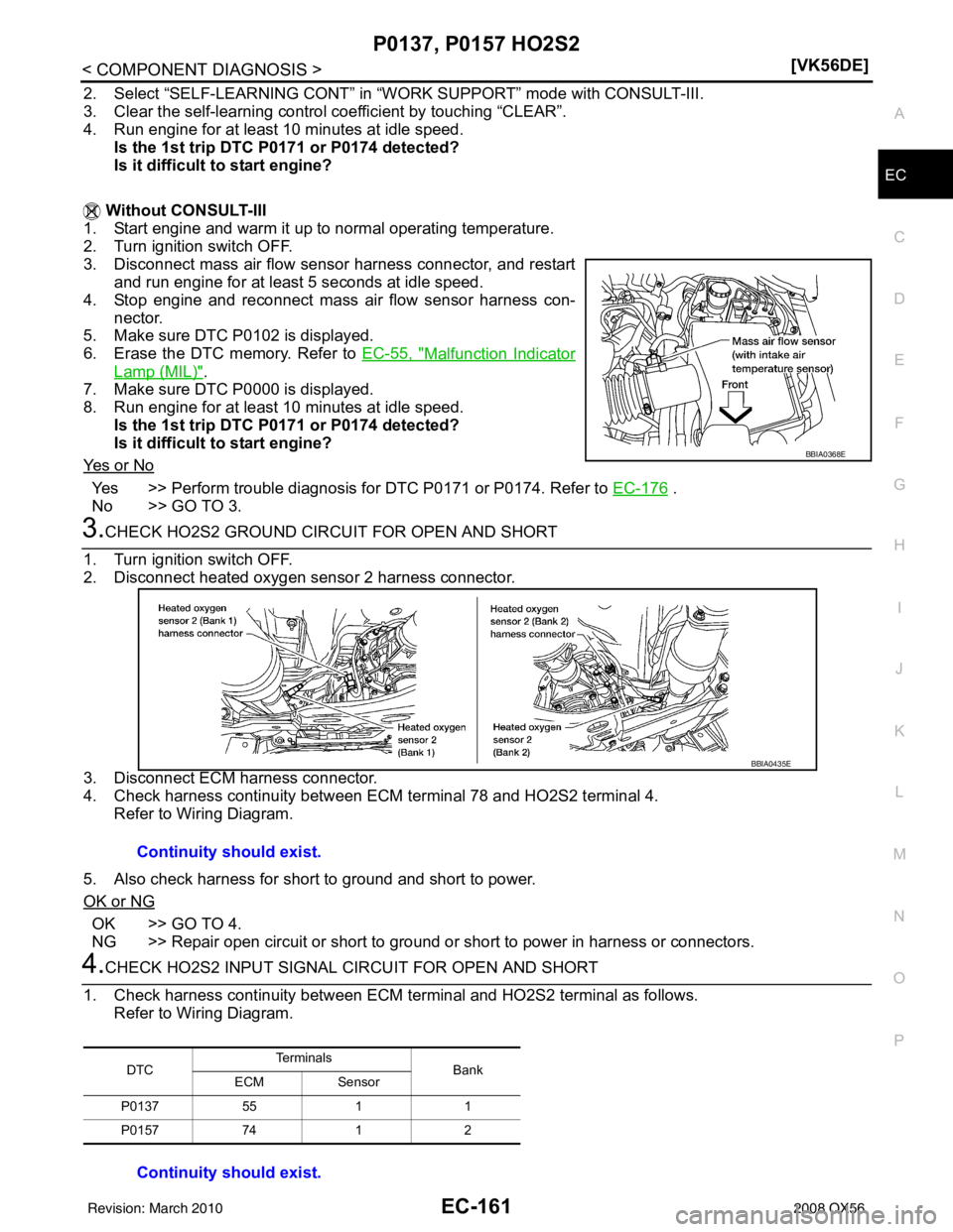 INFINITI QX56 2008  Factory Service Manual P0137, P0157 HO2S2EC-161
< COMPONENT DIAGNOSIS > [VK56DE]
C
D
E
F
G H
I
J
K L
M A
EC
NP
O
2. Select “SELF-LEARNING CONT” in “W
ORK SUPPORT” mode with CONSULT-III.
3. Clear the self-learning co