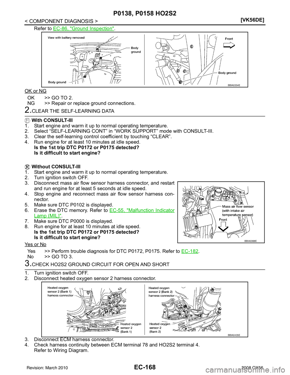 INFINITI QX56 2008  Factory Service Manual EC-168
< COMPONENT DIAGNOSIS >[VK56DE]
P0138, P0158 HO2S2
Refer to EC-86, "Ground Inspection".
OK or NG
OK >> GO TO 2.
NG >> Repair or replace ground connections.
2.CLEAR THE SELF-LEARNING DATA
  With