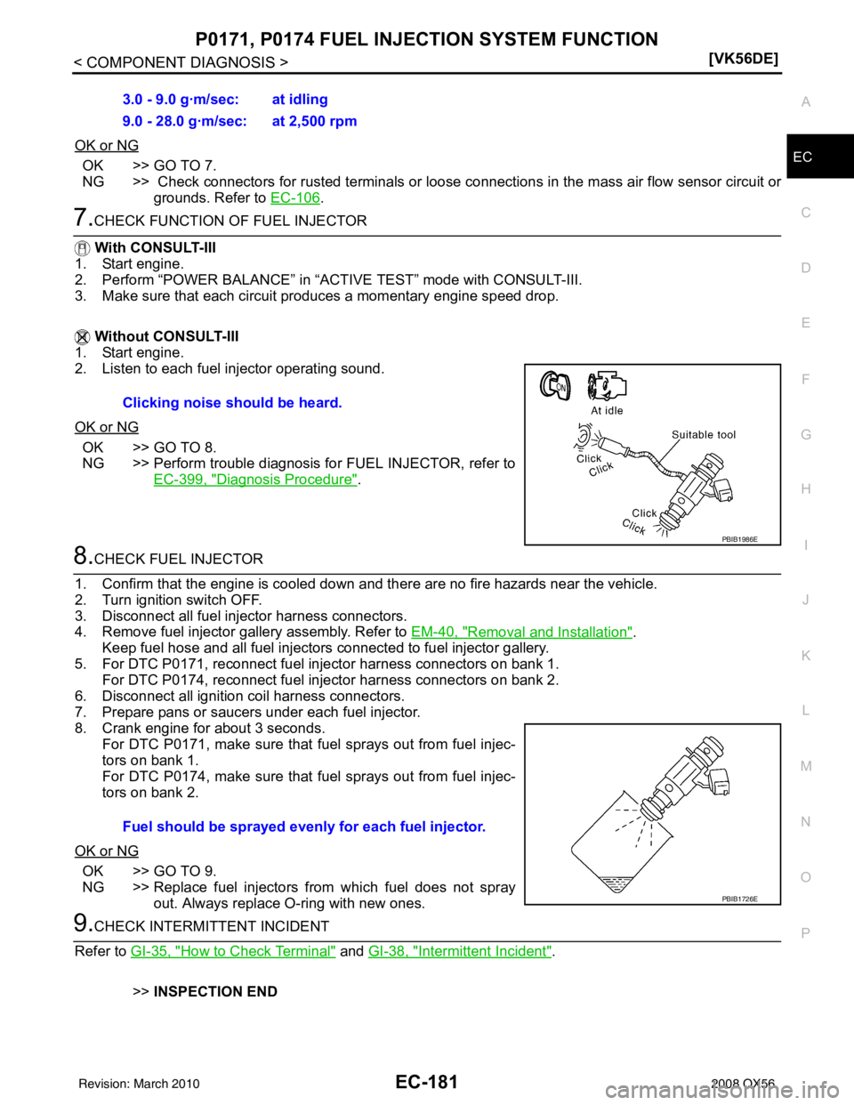 INFINITI QX56 2008  Factory Service Manual P0171, P0174 FUEL INJECTION SYSTEM FUNCTION
EC-181
< COMPONENT DIAGNOSIS > [VK56DE]
C
D
E
F
G H
I
J
K L
M A
EC
NP
OOK or NG
OK >> GO TO 7.
NG >>  Check connectors for rusted terminals or loose c
onnec
