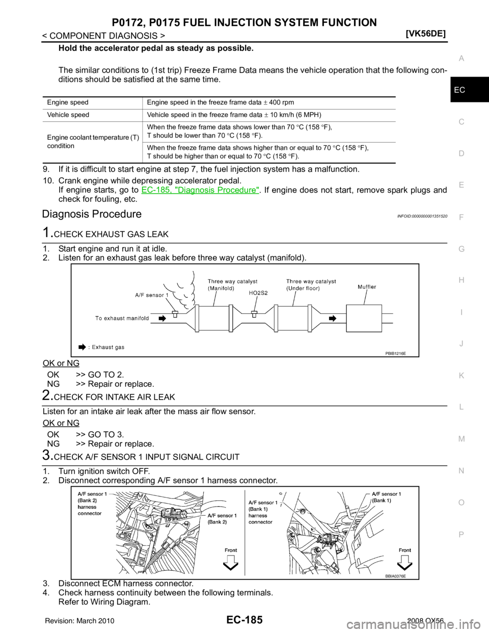 INFINITI QX56 2008  Factory Service Manual P0172, P0175 FUEL INJECTION SYSTEM FUNCTION
EC-185
< COMPONENT DIAGNOSIS > [VK56DE]
C
D
E
F
G H
I
J
K L
M A
EC
NP
O
Hold the accelerator pedal as steady as possible.
The similar conditions to (1st tri