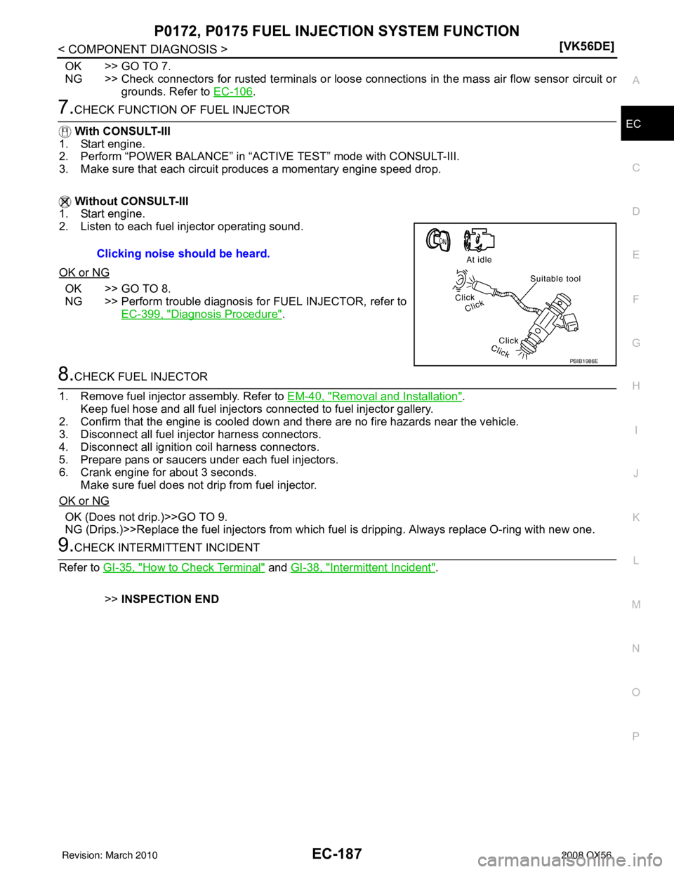 INFINITI QX56 2008  Factory Service Manual P0172, P0175 FUEL INJECTION SYSTEM FUNCTION
EC-187
< COMPONENT DIAGNOSIS > [VK56DE]
C
D
E
F
G H
I
J
K L
M A
EC
NP
O
OK >> GO TO 7.
NG >> Check connectors for rusted terminals or loose connections in t