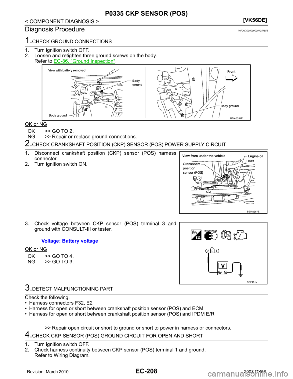 INFINITI QX56 2008  Factory Service Manual EC-208
< COMPONENT DIAGNOSIS >[VK56DE]
P0335 CKP SENSOR (POS)
Diagnosis Procedure
INFOID:0000000001351558
1.CHECK GROUND CONNECTIONS
1. Turn ignition switch OFF.
2. Loosen and retighten three ground s