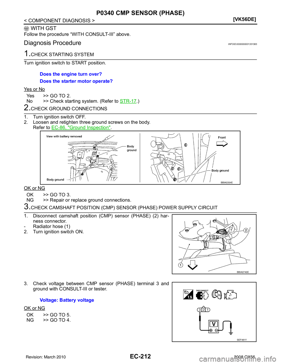 INFINITI QX56 2008  Factory Service Manual EC-212
< COMPONENT DIAGNOSIS >[VK56DE]
P0340 CMP SENSOR (PHASE)
 WITH GST
Follow the procedure “WITH CONSULT-III” above.
Diagnosis ProcedureINFOID:0000000001351565
1.CHECK STARTING SYSTEM
Turn ign
