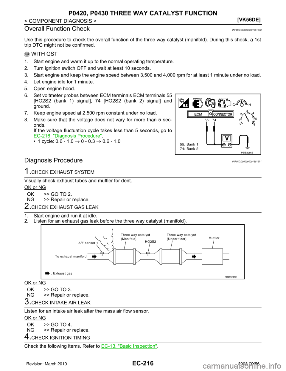 INFINITI QX56 2008  Factory Service Manual EC-216
< COMPONENT DIAGNOSIS >[VK56DE]
P0420, P0430 THREE WAY CATALYST FUNCTION
Overall Function Check
INFOID:0000000001351570
Use this procedure to check the overall function of the th ree way cataly