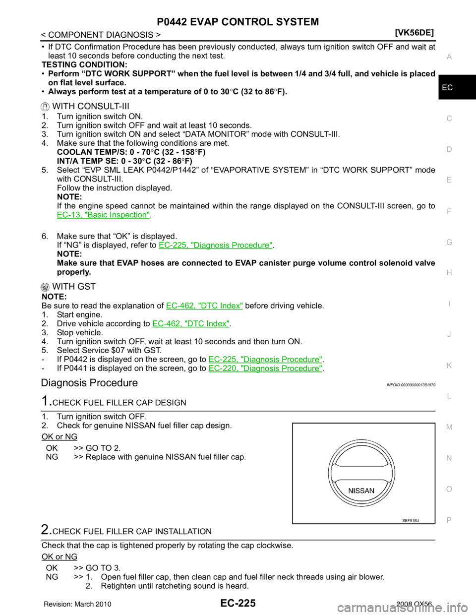 INFINITI QX56 2008  Factory Service Manual P0442 EVAP CONTROL SYSTEMEC-225
< COMPONENT DIAGNOSIS > [VK56DE]
C
D
E
F
G H
I
J
K L
M A
EC
NP
O
• If DTC Confirmation Procedure has been previously conduc
ted, always turn ignition switch OFF and w