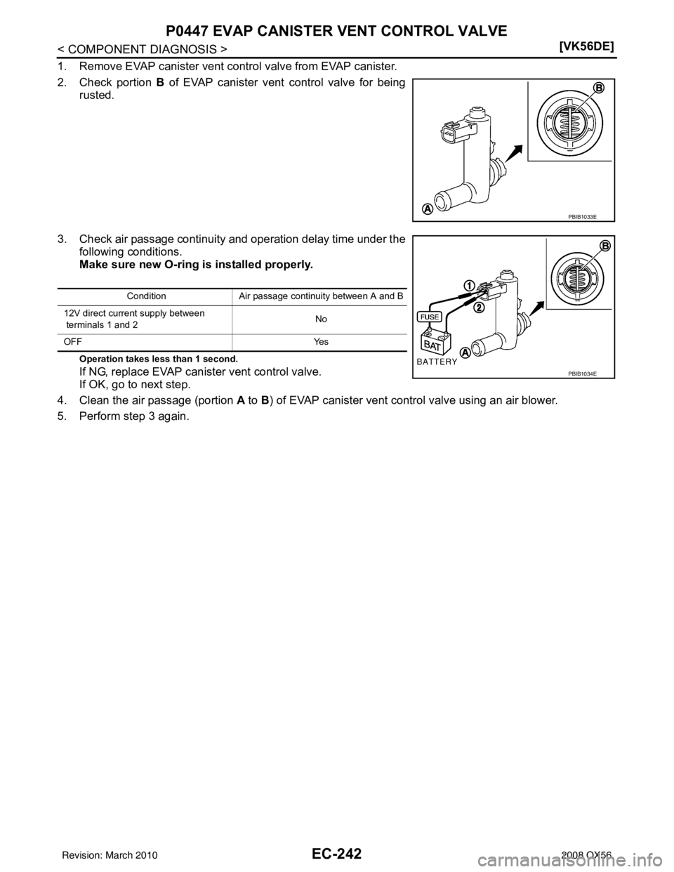 INFINITI QX56 2008  Factory Service Manual EC-242
< COMPONENT DIAGNOSIS >[VK56DE]
P0447 EVAP CANISTER VENT CONTROL VALVE
1. Remove EVAP canister vent control valve from EVAP canister.
2. Check portion 
B of EVAP canister vent control valve for