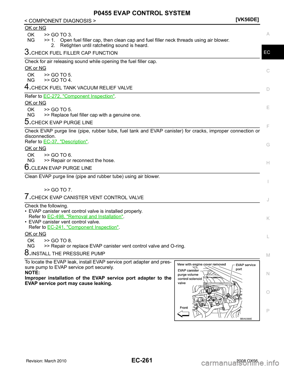 INFINITI QX56 2008  Factory Service Manual P0455 EVAP CONTROL SYSTEMEC-261
< COMPONENT DIAGNOSIS > [VK56DE]
C
D
E
F
G H
I
J
K L
M A
EC
NP
O
OK or NG
OK >> GO TO 3.
NG >> 1. Open fuel filler cap, then clean cap and fuel filler neck threads usin