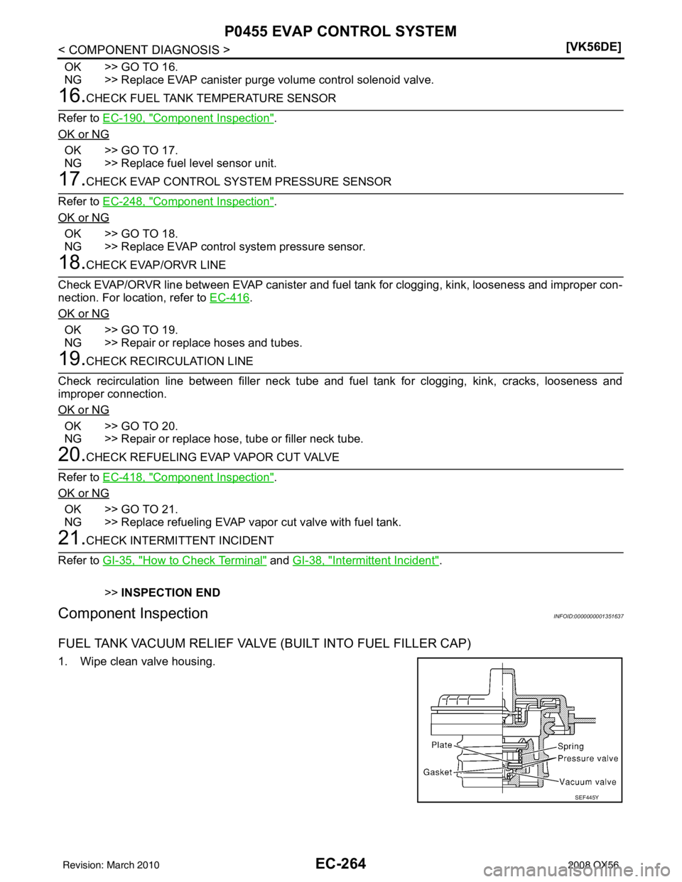 INFINITI QX56 2008  Factory Service Manual EC-264
< COMPONENT DIAGNOSIS >[VK56DE]
P0455 EVAP CONTROL SYSTEM
OK >> GO TO 16.
NG >> Replace EVAP canister purge volume control solenoid valve.
16.CHECK FUEL TANK TEMPERATURE SENSOR
Refer to  EC-190
