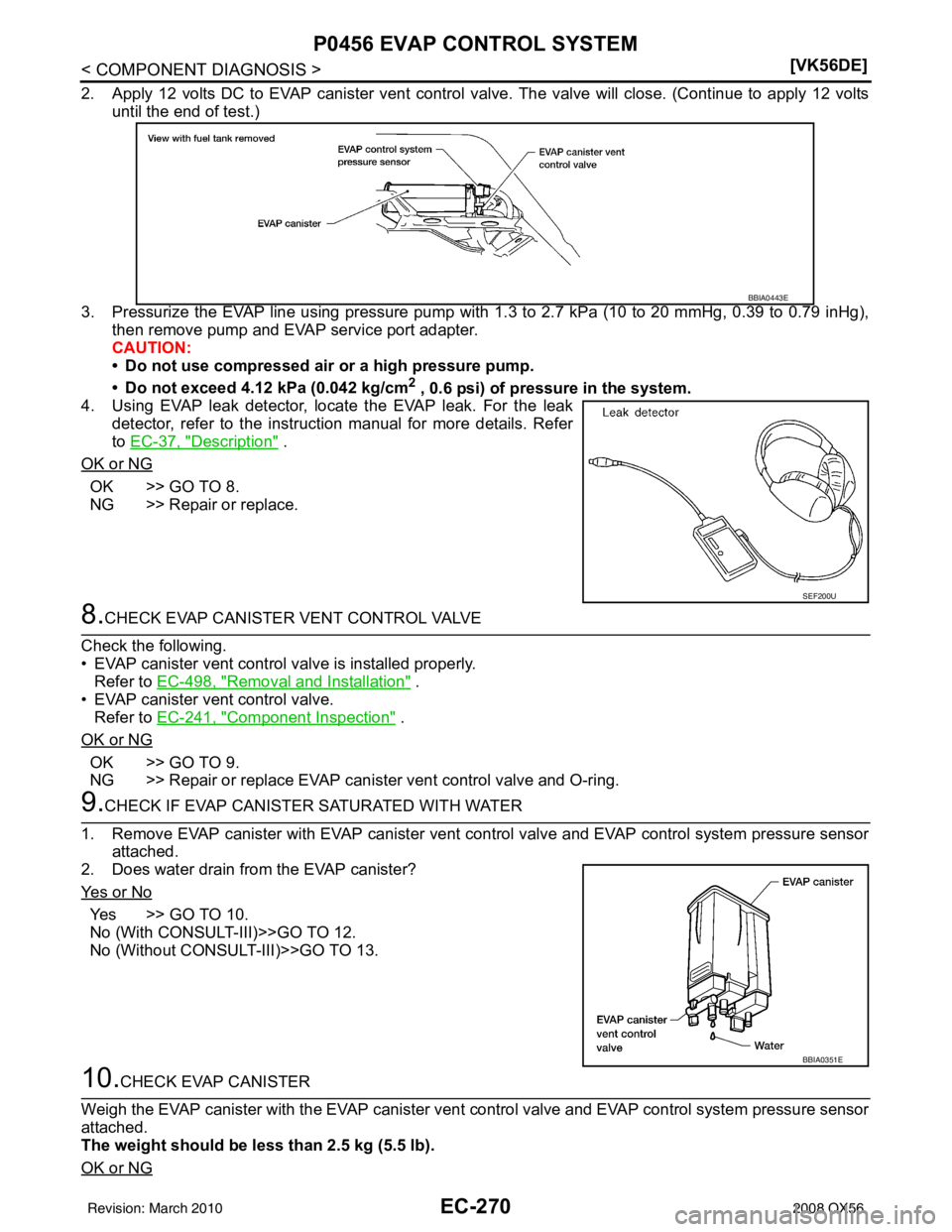 INFINITI QX56 2008  Factory Service Manual EC-270
< COMPONENT DIAGNOSIS >[VK56DE]
P0456 EVAP CONTROL SYSTEM
2. Apply 12 volts DC to EVAP canister vent control valve. The valve will close. (Continue to apply 12 volts
until the end of test.)
3. 