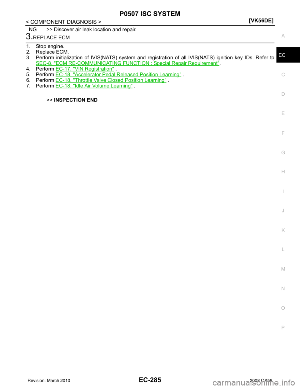 INFINITI QX56 2008  Factory Service Manual P0507 ISC SYSTEMEC-285
< COMPONENT DIAGNOSIS > [VK56DE]
C
D
E
F
G H
I
J
K L
M A
EC
NP
O
NG >> Discover air leak location and repair.
3.REPLACE ECM
1. Stop engine.
2. Replace ECM.
3. Perform initializa