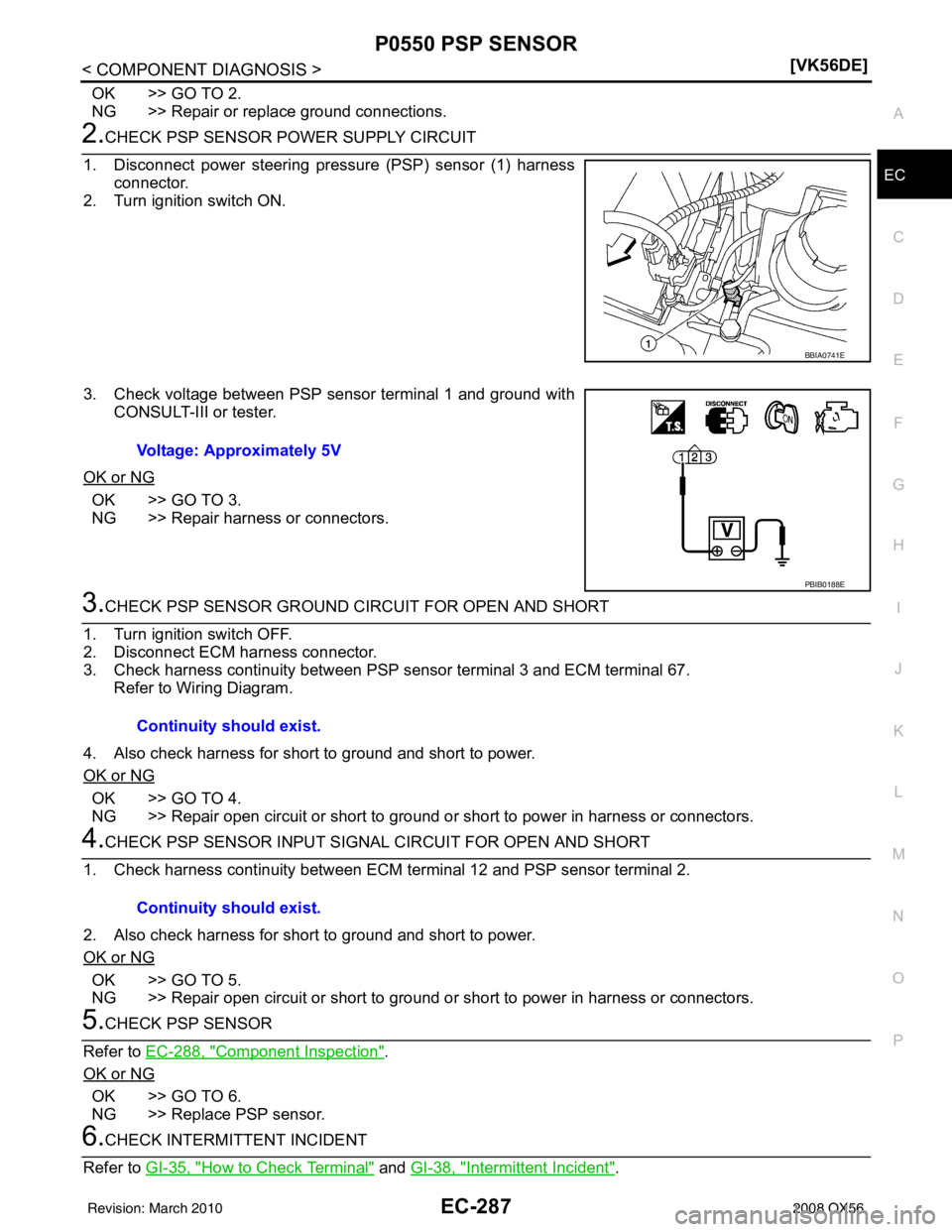 INFINITI QX56 2008  Factory Service Manual P0550 PSP SENSOREC-287
< COMPONENT DIAGNOSIS > [VK56DE]
C
D
E
F
G H
I
J
K L
M A
EC
NP
O
OK >> GO TO 2.
NG >> Repair or replace ground connections.
2.CHECK PSP SENSOR POWER SUPPLY CIRCUIT
1. Disconnect
