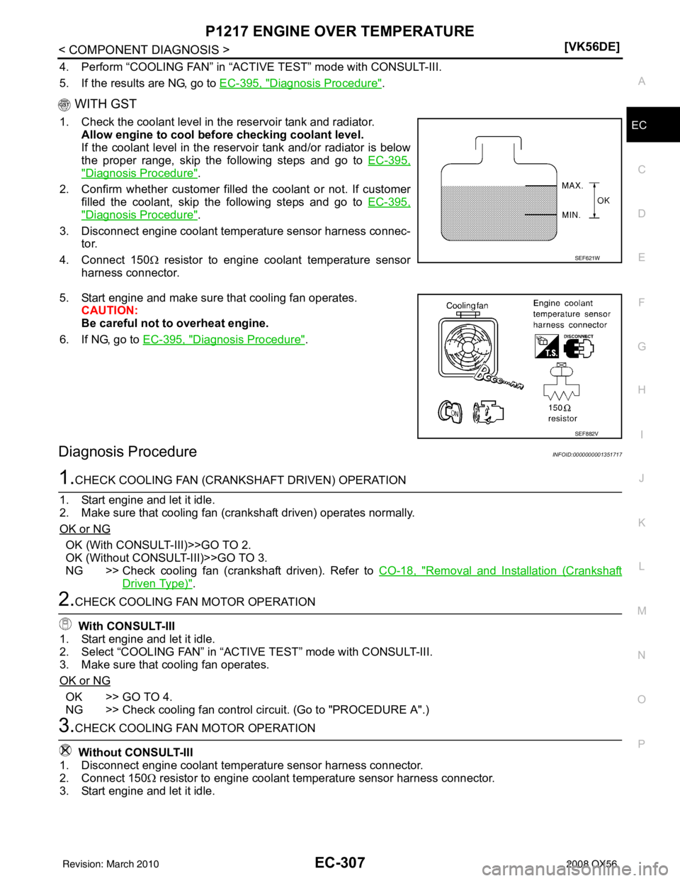 INFINITI QX56 2008  Factory Service Manual P1217 ENGINE OVER TEMPERATUREEC-307
< COMPONENT DIAGNOSIS > [VK56DE]
C
D
E
F
G H
I
J
K L
M A
EC
NP
O
4. Perform “COOLING FAN” in “ACTIVE TEST” mode with CONSULT-III.
5. If the results are NG, 