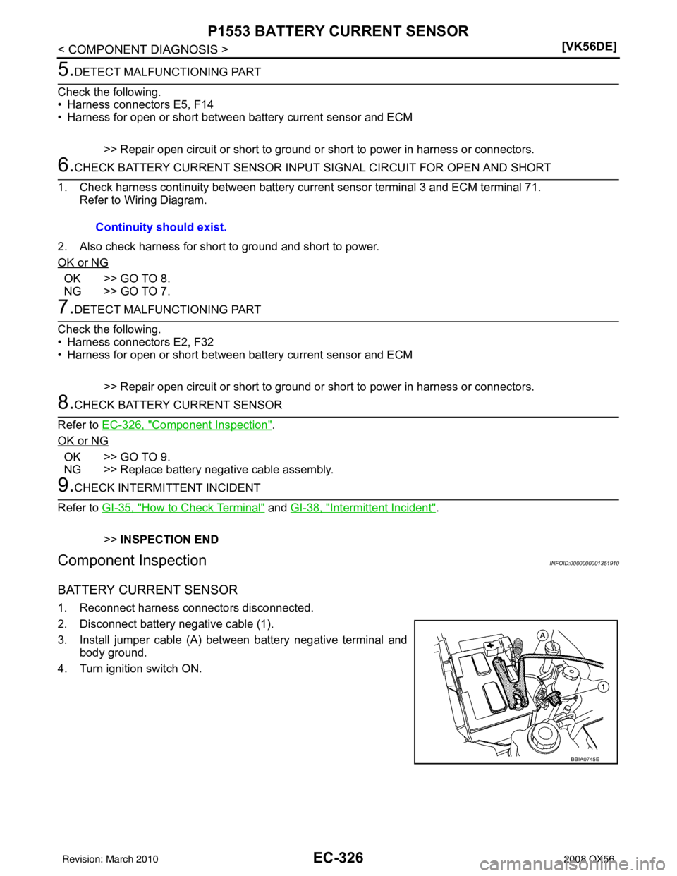 INFINITI QX56 2008  Factory Service Manual EC-326
< COMPONENT DIAGNOSIS >[VK56DE]
P1553 BATTERY CURRENT SENSOR
5.DETECT MALFUNCTIONING PART
Check the following.
• Harness connectors E5, F14
• Harness for open or short between battery curre