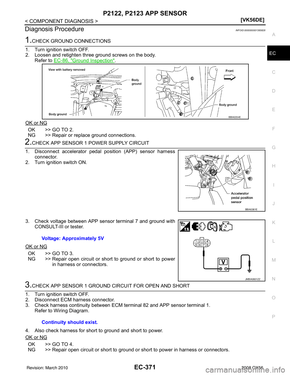 INFINITI QX56 2008  Factory Service Manual P2122, P2123 APP SENSOREC-371
< COMPONENT DIAGNOSIS > [VK56DE]
C
D
E
F
G H
I
J
K L
M A
EC
NP
O
Diagnosis ProcedureINFOID:0000000001365828
1.CHECK GROUND CONNECTIONS
1. Turn ignition switch OFF.
2. Loo