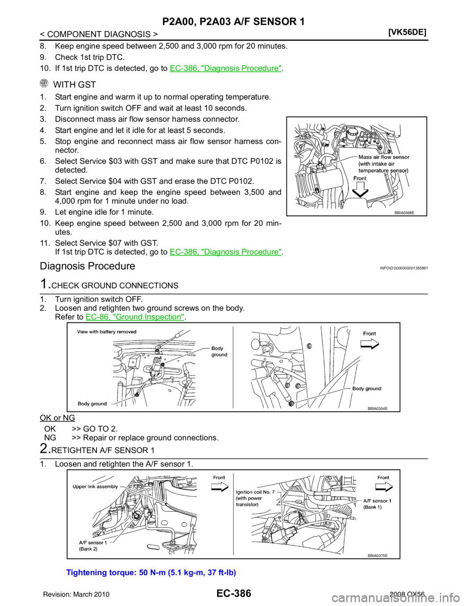 INFINITI QX56 2008  Factory Service Manual EC-386
< COMPONENT DIAGNOSIS >[VK56DE]
P2A00, P2A03 A/F SENSOR 1
8. Keep engine speed between 2,500 and 3,000 rpm for 20 minutes.
9. Check 1st trip DTC.
10. If 1st trip DTC is detected, go to 
EC-386,
