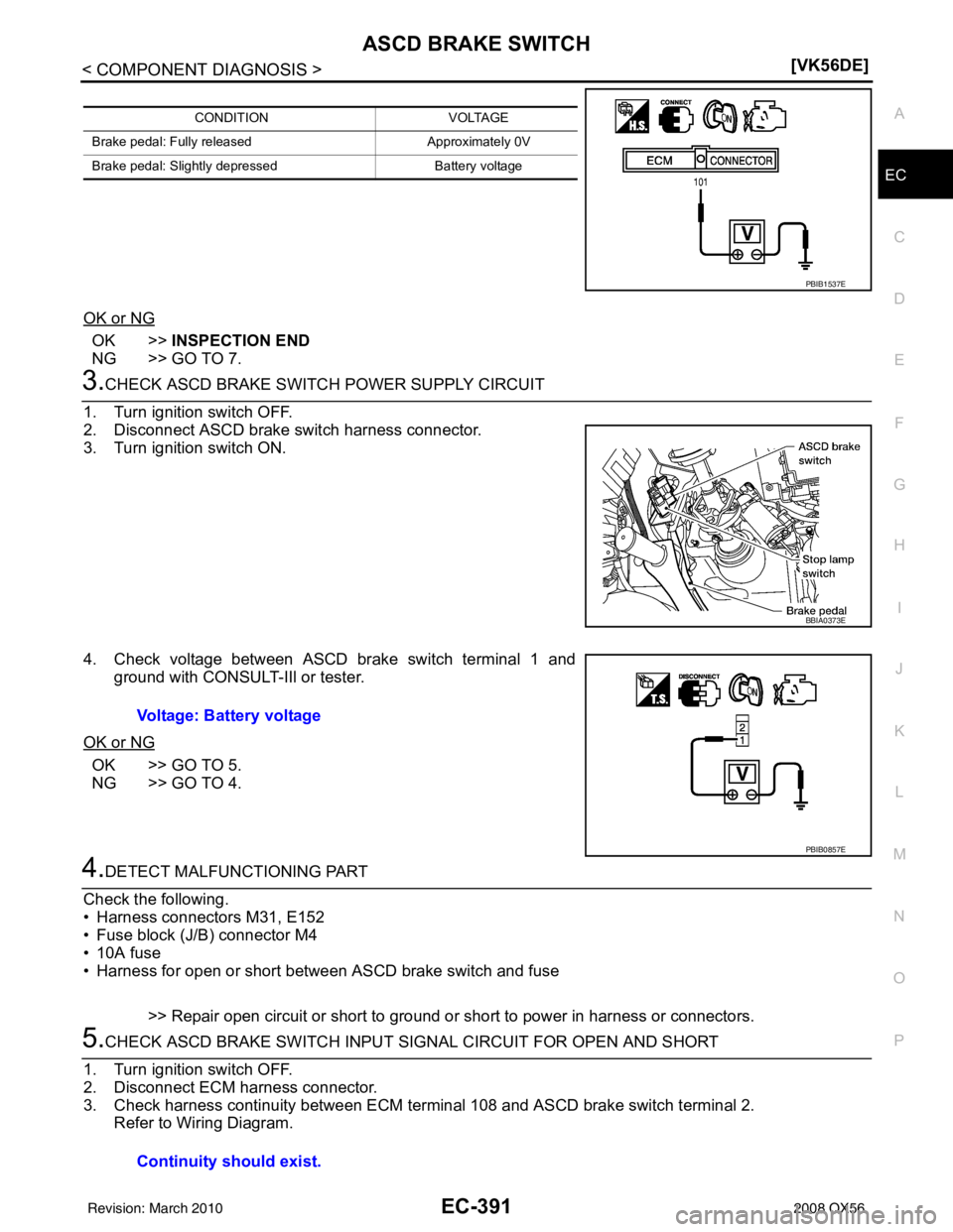 INFINITI QX56 2008  Factory Service Manual ASCD BRAKE SWITCHEC-391
< COMPONENT DIAGNOSIS > [VK56DE]
C
D
E
F
G H
I
J
K L
M A
EC
NP
O
OK or NG
OK >>
INSPECTION END
NG >> GO TO 7.
3.CHECK ASCD BRAKE SWITCH POWER SUPPLY CIRCUIT
1. Turn ignition sw