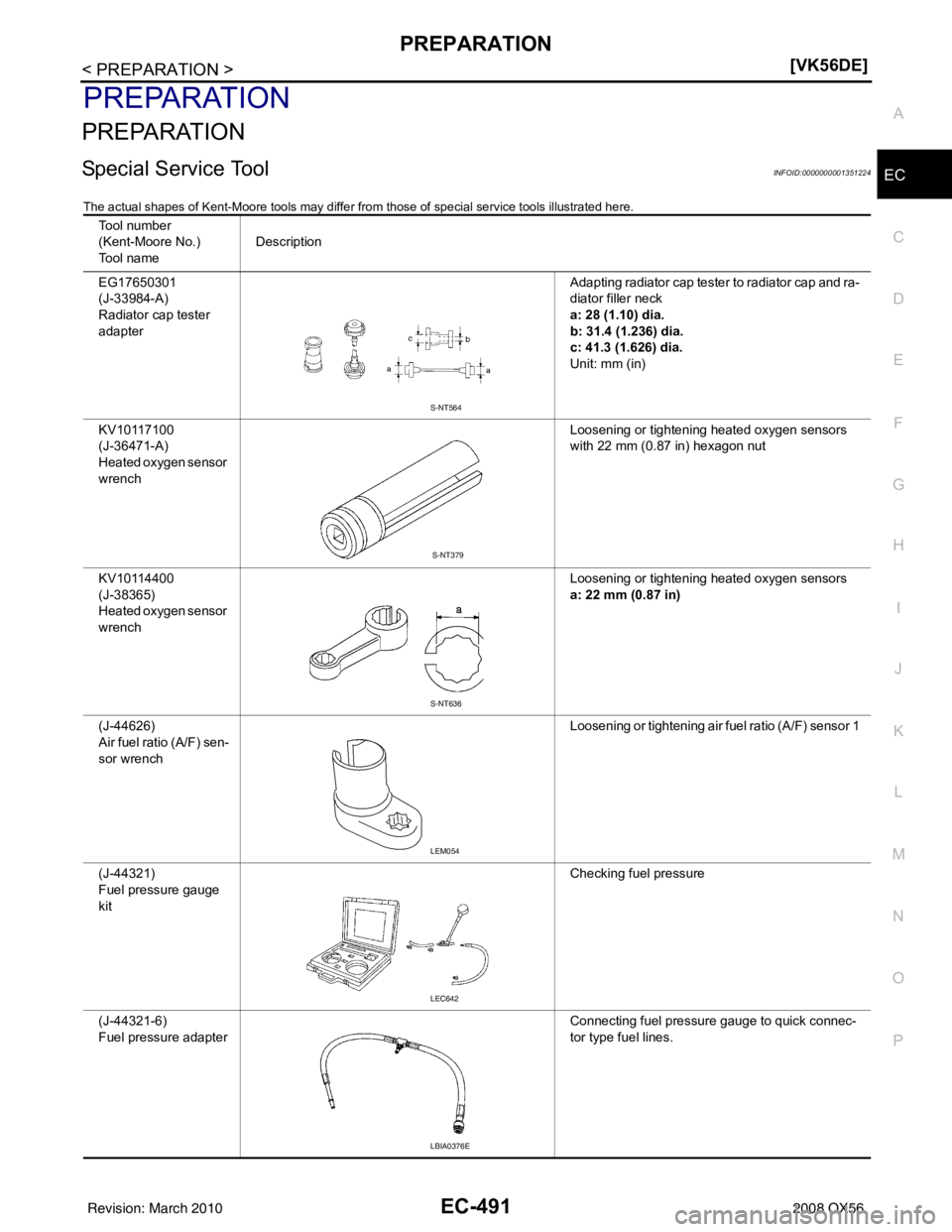 INFINITI QX56 2008  Factory Service Manual PREPARATIONEC-491
< PREPARATION > [VK56DE]
C
D
E
F
G H
I
J
K L
M A
EC
NP
O
PREPARATION
PREPARATION
Special Service ToolINFOID:0000000001351224
The actual shapes of Kent-Moore tools may differ from tho