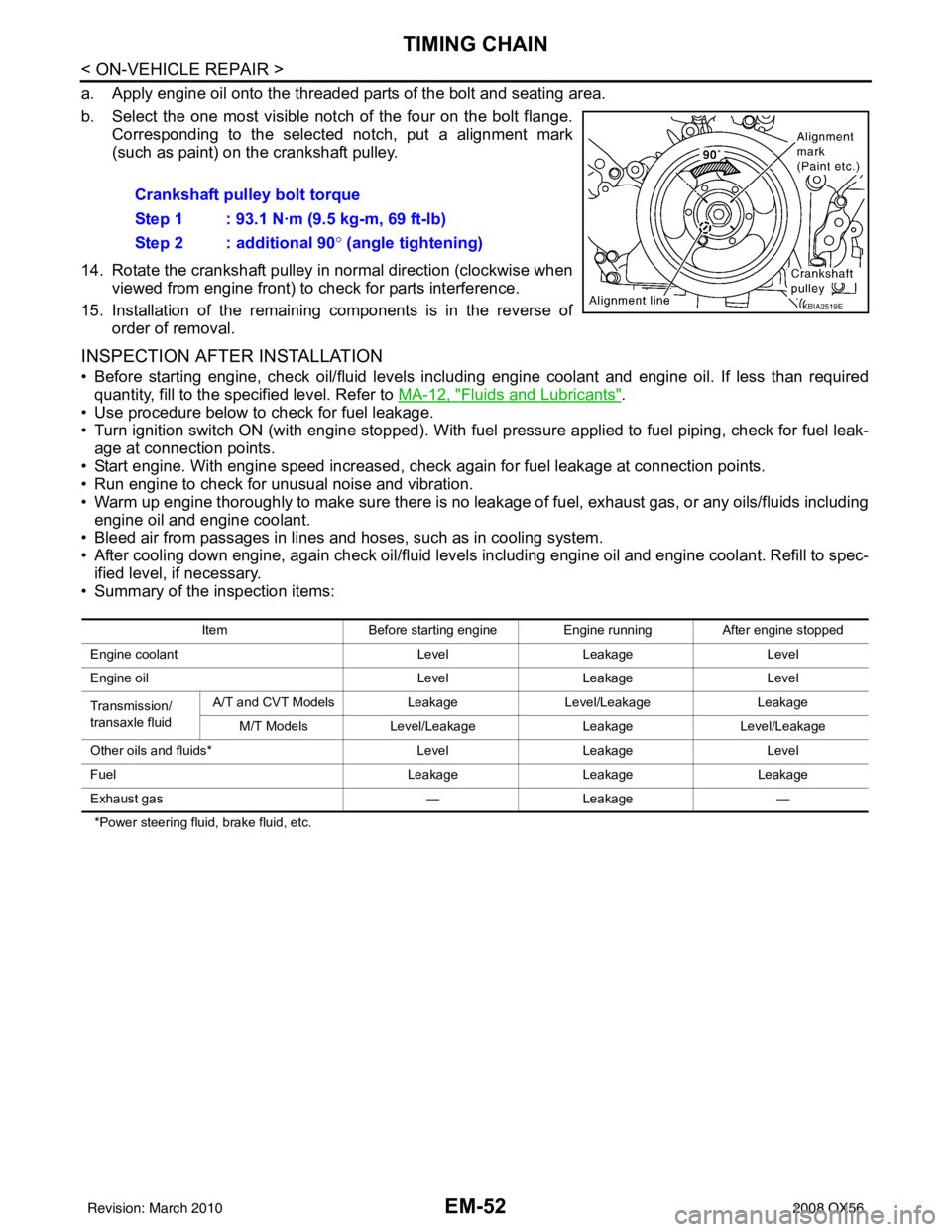 INFINITI QX56 2008  Factory Service Manual EM-52
< ON-VEHICLE REPAIR >
TIMING CHAIN
a. Apply engine oil onto the threaded parts of the bolt and seating area.
b. Select the one most visible notch of the four on the bolt flange.Corresponding to 