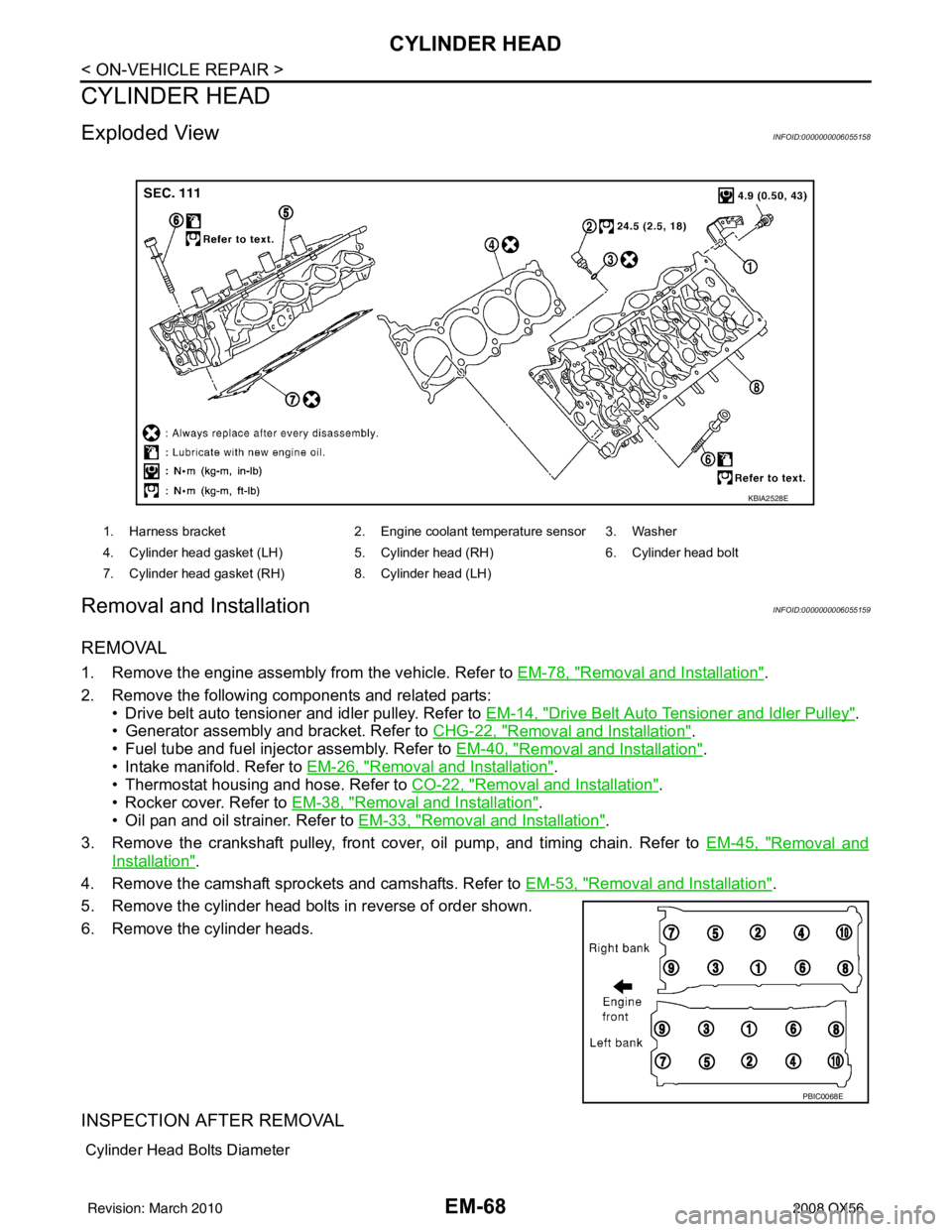 INFINITI QX56 2008 Factory Service Manual EM-68
< ON-VEHICLE REPAIR >
CYLINDER HEAD
CYLINDER HEAD
Exploded ViewINFOID:0000000006055158
Removal and InstallationINFOID:0000000006055159
REMOVAL
1. Remove the engine assembly from the vehicle. Ref INFINITI QX56 2008 Factory Service Manual EM-68
< ON-VEHICLE REPAIR >
CYLINDER HEAD
CYLINDER HEAD
Exploded ViewINFOID:0000000006055158
Removal and InstallationINFOID:0000000006055159
REMOVAL
1. Remove the engine assembly from the vehicle. Ref