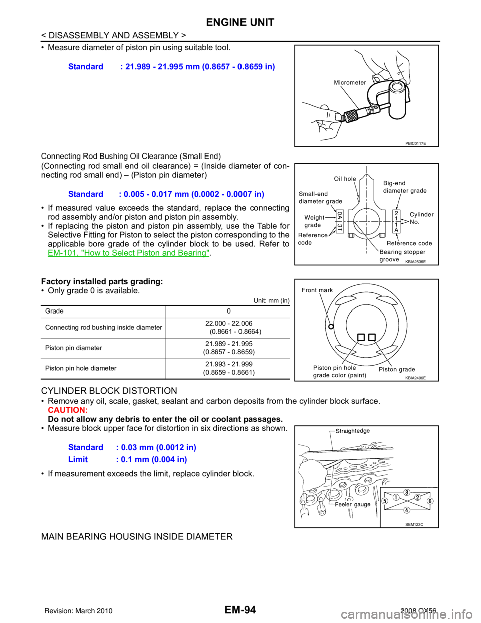 INFINITI QX56 2008 Factory Service Manual EM-94
< DISASSEMBLY AND ASSEMBLY >
ENGINE UNIT
• Measure diameter of piston pin using suitable tool.
Connecting Rod Bushing Oil Clearance (Small End)
(Connecting rod small end oil clearance) = (Insi INFINITI QX56 2008 Factory Service Manual EM-94
< DISASSEMBLY AND ASSEMBLY >
ENGINE UNIT
• Measure diameter of piston pin using suitable tool.
Connecting Rod Bushing Oil Clearance (Small End)
(Connecting rod small end oil clearance) = (Insi