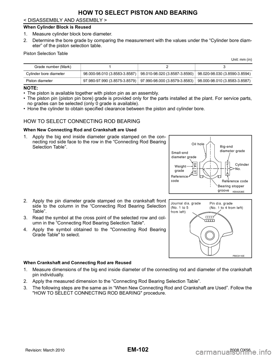 INFINITI QX56 2008  Factory Service Manual EM-102
< DISASSEMBLY AND ASSEMBLY >
HOW TO SELECT PISTON AND BEARING
When Cylinder Block is Reused
1. Measure cylinder block bore diameter.
2. Determine the bore grade by comparing the measurement wit