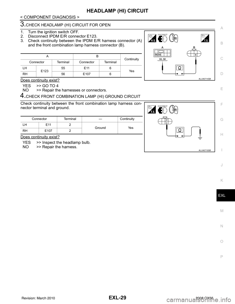 INFINITI QX56 2008  Factory Service Manual HEADLAMP (HI) CIRCUITEXL-29
< COMPONENT DIAGNOSIS >
C
DE
F
G H
I
J
K
M A
B
EXL
N
O P
3.CHECK HEADLAMP (HI) CIRCUIT FOR OPEN
1. Turn the ignition switch OFF.
2. Disconnect IPDM E/R connector E123.
3. C
