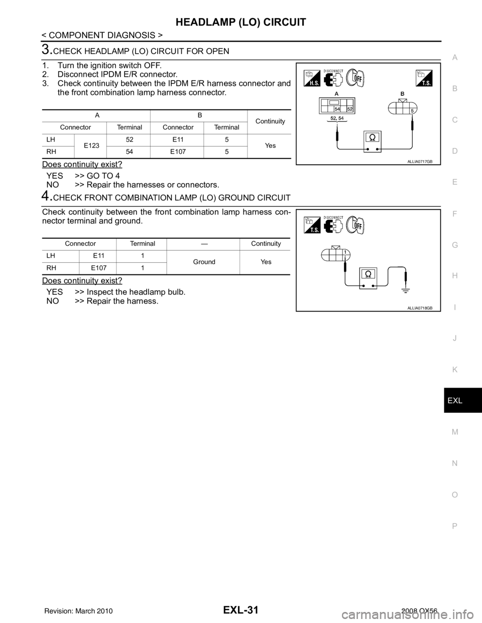INFINITI QX56 2008  Factory Service Manual HEADLAMP (LO) CIRCUITEXL-31
< COMPONENT DIAGNOSIS >
C
DE
F
G H
I
J
K
M A
B
EXL
N
O P
3.CHECK HEADLAMP (LO) CIRCUIT FOR OPEN
1. Turn the ignition switch OFF.
2. Disconnect IPDM E/R connector.
3. Check 