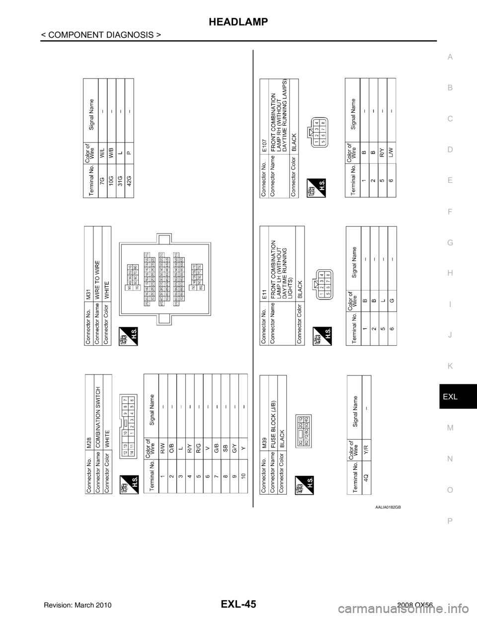 INFINITI QX56 2008  Factory Service Manual HEADLAMPEXL-45
< COMPONENT DIAGNOSIS >
C
DE
F
G H
I
J
K
M A
B
EXL
N
O P
AALIA0182GB
Revision: March 2010 2008 QX56 