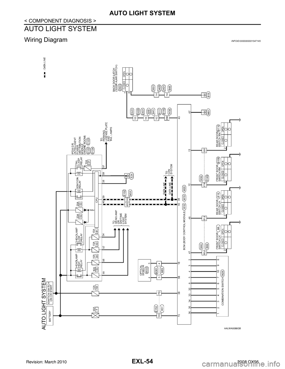 INFINITI QX56 2008  Factory Service Manual EXL-54
< COMPONENT DIAGNOSIS >
AUTO LIGHT SYSTEM
AUTO LIGHT SYSTEM
Wiring DiagramINFOID:0000000001547145
AALWA0086GB
Revision: March 20102008 QX56 