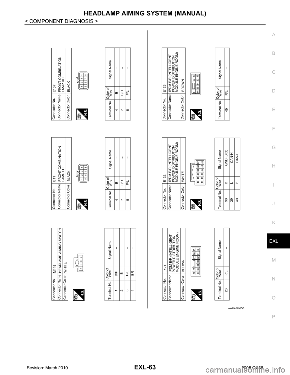 INFINITI QX56 2008  Factory Service Manual HEADLAMP AIMING SYSTEM (MANUAL)EXL-63
< COMPONENT DIAGNOSIS >
C
DE
F
G H
I
J
K
M A
B
EXL
N
O P
AWLIA0190GB
Revision: March 2010 2008 QX56 