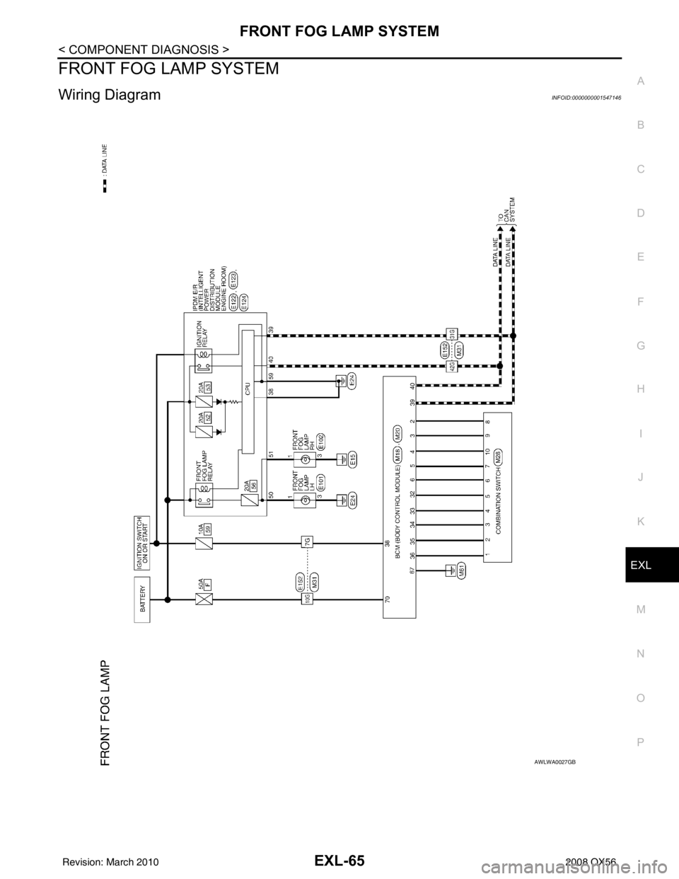 INFINITI QX56 2008  Factory Service Manual FRONT FOG LAMP SYSTEMEXL-65
< COMPONENT DIAGNOSIS >
C
DE
F
G H
I
J
K
M A
B
EXL
N
O P
FRONT FOG LAMP SYSTEM
Wiring DiagramINFOID:0000000001547146
AWLWA0027GB
Revision: March 2010 2008 QX56 