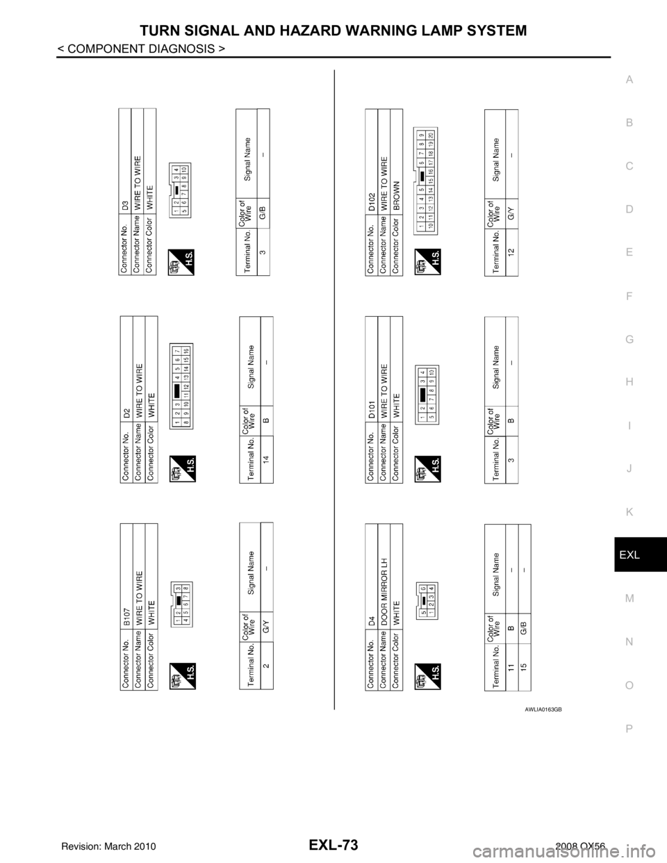 INFINITI QX56 2008  Factory Service Manual TURN SIGNAL AND HAZARD WARNING LAMP SYSTEMEXL-73
< COMPONENT DIAGNOSIS >
C
DE
F
G H
I
J
K
M A
B
EXL
N
O P
AWLIA0163GB
Revision: March 2010 2008 QX56 