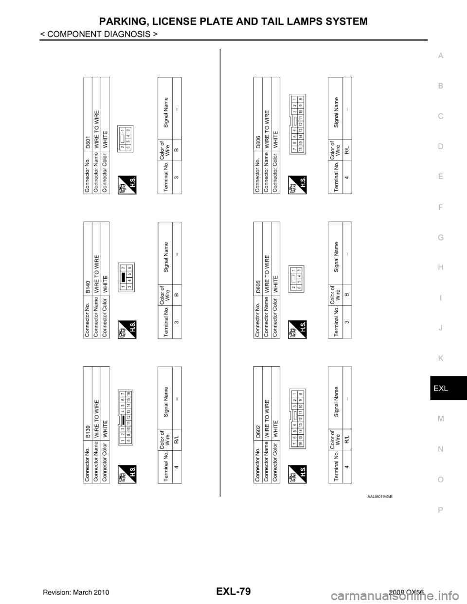 INFINITI QX56 2008  Factory Service Manual PARKING, LICENSE PLATE AND TAIL LAMPS SYSTEMEXL-79
< COMPONENT DIAGNOSIS >
C
DE
F
G H
I
J
K
M A
B
EXL
N
O P
AALIA0194GB
Revision: March 2010 2008 QX56 
