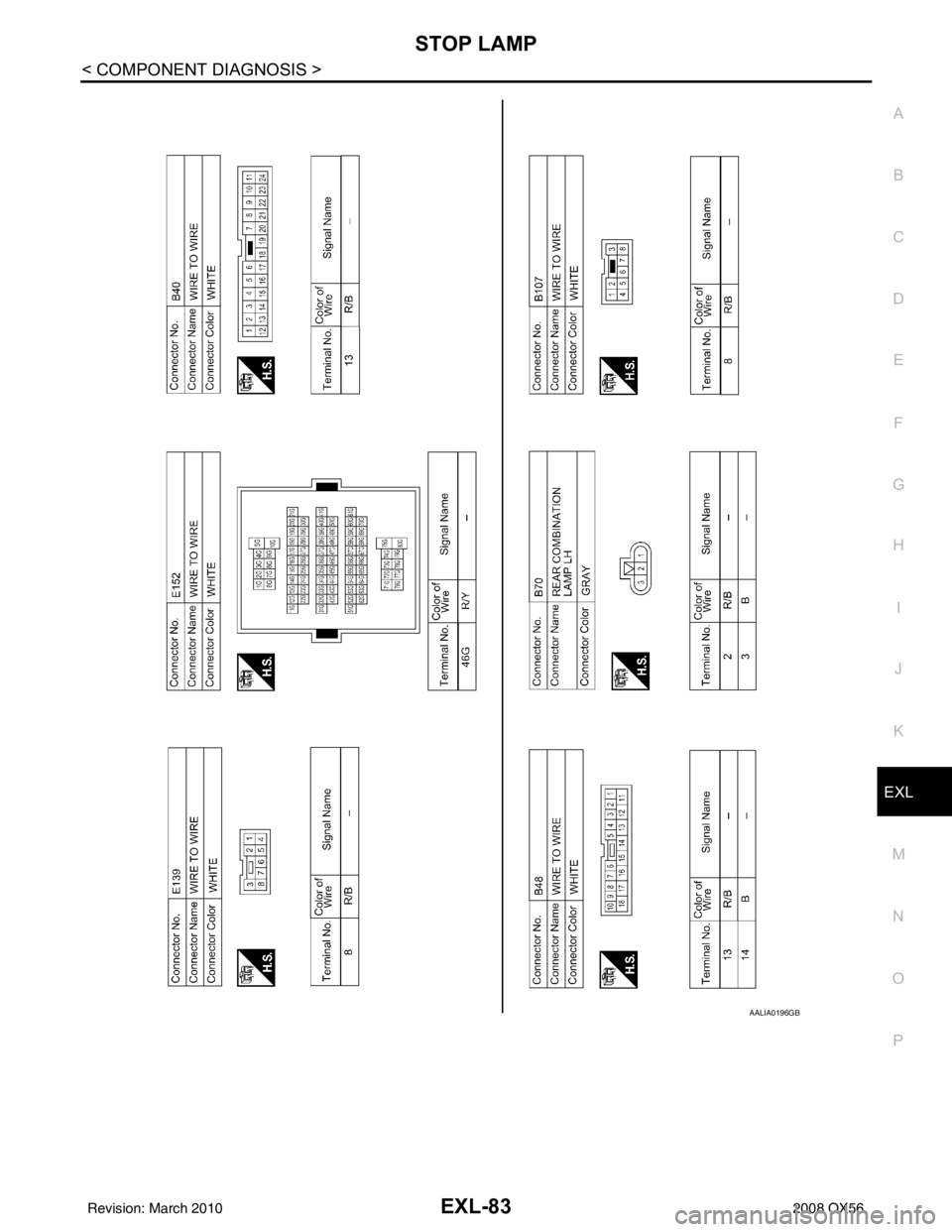 INFINITI QX56 2008  Factory Service Manual STOP LAMPEXL-83
< COMPONENT DIAGNOSIS >
C
DE
F
G H
I
J
K
M A
B
EXL
N
O P
AALIA0196GB
Revision: March 2010 2008 QX56 
