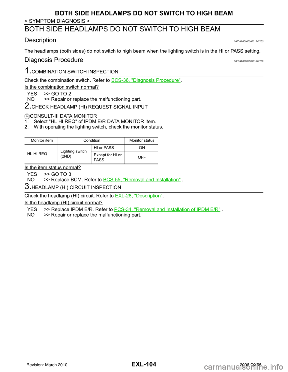 INFINITI QX56 2008 Factory Service Manual EXL-104
< SYMPTOM DIAGNOSIS >
BOTH SIDE HEADLAMPS DO NOT SWITCH TO HIGH BEAM
BOTH SIDE HEADLAMPS DO NOT SWITCH TO HIGH BEAM
DescriptionINFOID:0000000001547155
The headlamps (both sides) do not switch INFINITI QX56 2008 Factory Service Manual EXL-104
< SYMPTOM DIAGNOSIS >
BOTH SIDE HEADLAMPS DO NOT SWITCH TO HIGH BEAM
BOTH SIDE HEADLAMPS DO NOT SWITCH TO HIGH BEAM
DescriptionINFOID:0000000001547155
The headlamps (both sides) do not switch