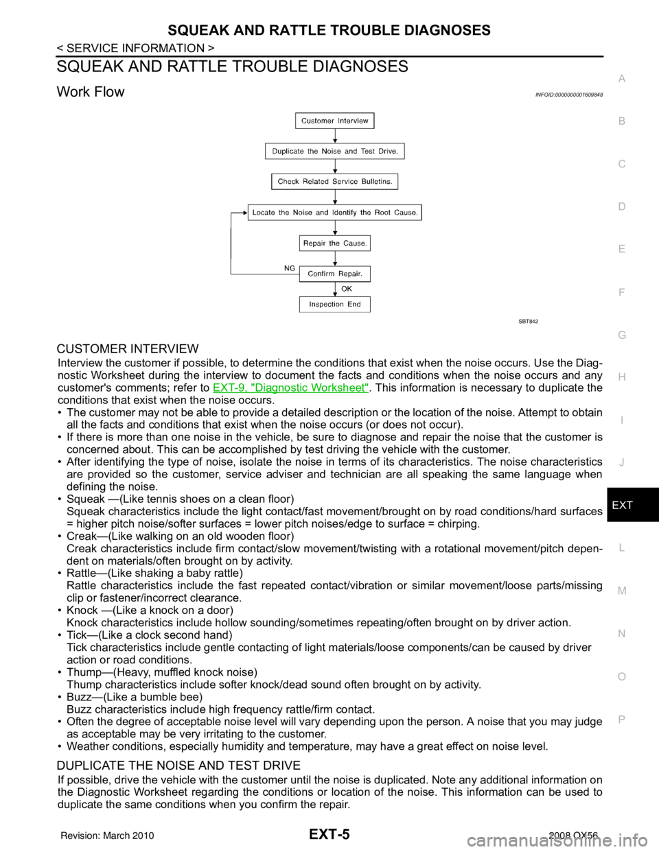 INFINITI QX56 2008  Factory Service Manual SQUEAK AND RATTLE TROUBLE DIAGNOSESEXT-5
< SERVICE INFORMATION >
C
DE
F
G H
I
J
L
M A
B
EXT
N
O P
SQUEAK AND RATTLE TROUBLE DIAGNOSES
Work FlowINFOID:0000000001609848
CUSTOMER INTERVIEW
Interview the 